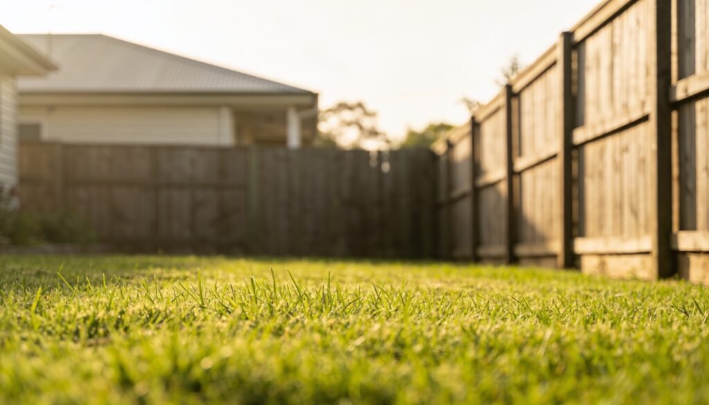 A healthy green Australian backyard lawn bordered by a timber fence in soft morning light
