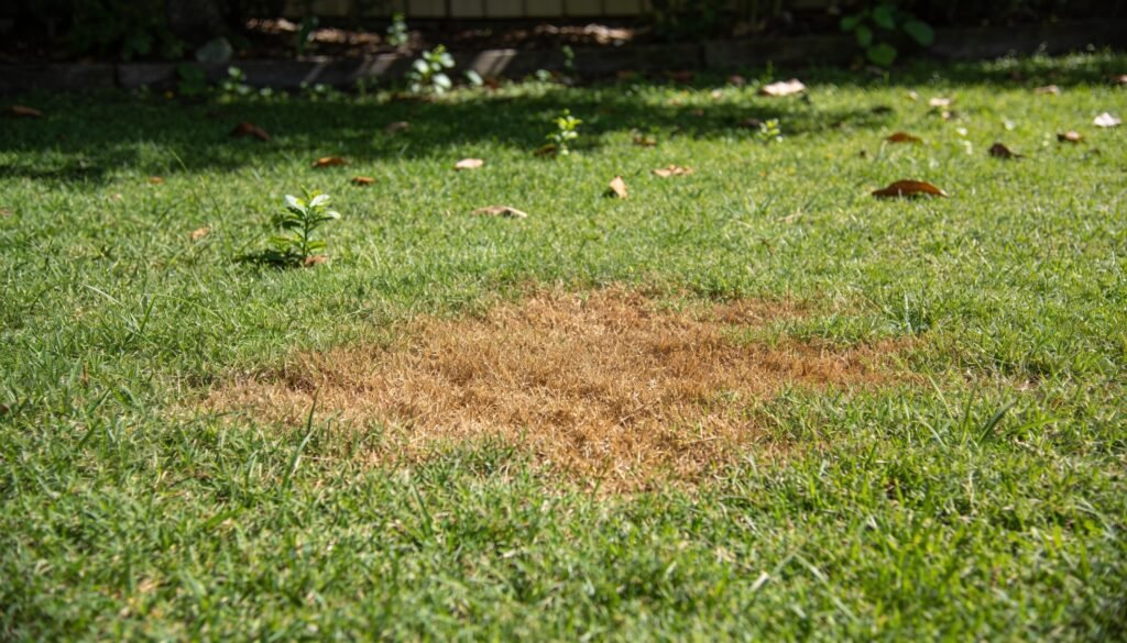 A distinct brown, dying patch in an otherwise healthy green buffalo lawn in a Queensland backyard.