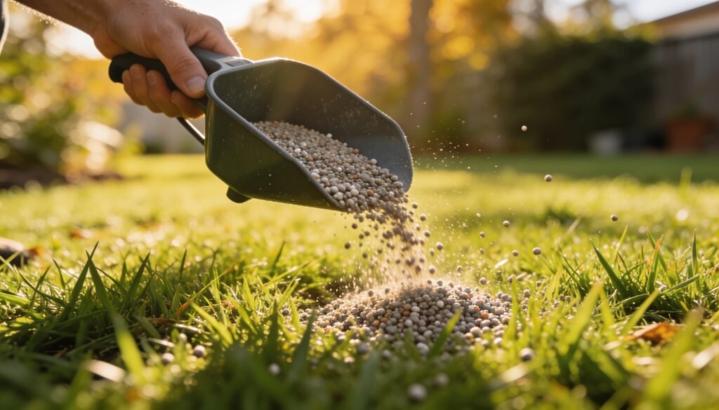 Hand spreader broadcasting fertiliser granules over a green Australian lawn