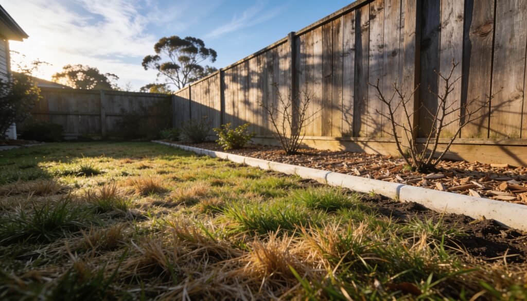 Photorealistic editorial 16:9 Australian suburban garden scene showing an established lawn with muted green and straw-brown winter foliage beside a simple garden bed in soft mornin