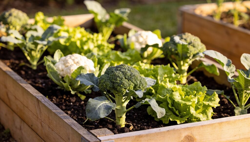A raised timber vegetable bed with broccoli, cauliflower and lettuce in a sunny Queensland backyard