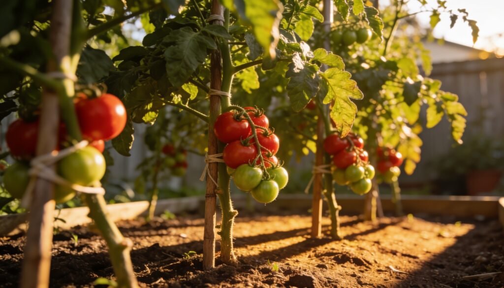 Staked tomato plants with ripening red and green trusses in a Queensland backyard garden bed.