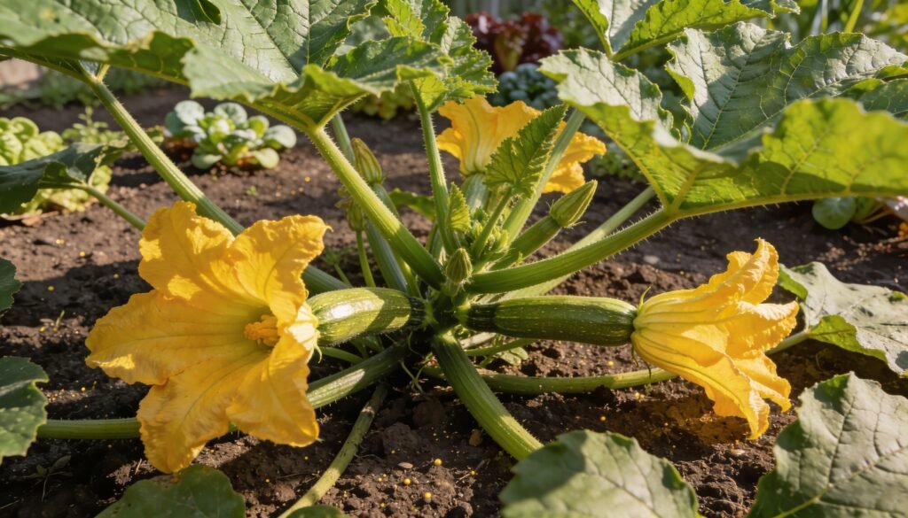 A zucchini plant with large open yellow flowers and small developing fruit in a backyard vegetable bed.