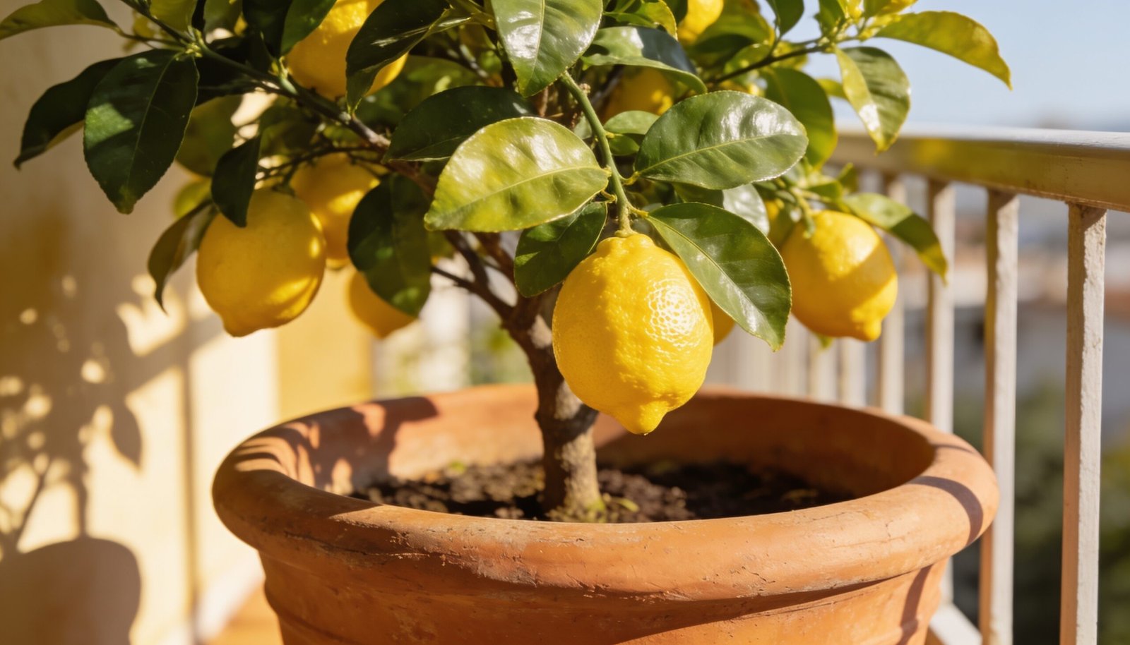 Dwarf lemon tree fruiting in a large terracotta pot on a sunny balcony