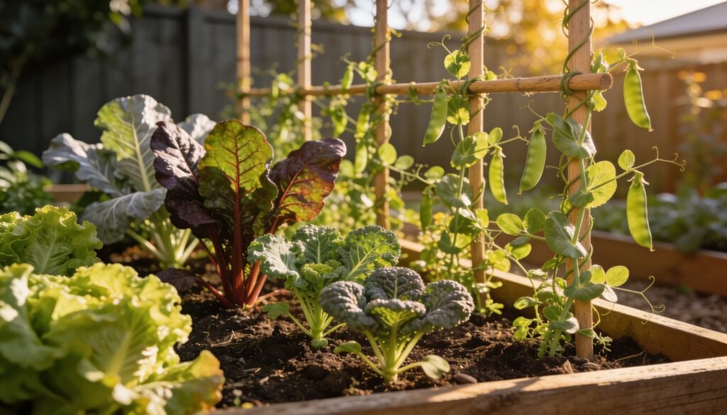 Photorealistic editorial 16:9 Australian garden scene showing a sunny Brisbane backyard vegetable bed with lettuce, silverbeet, young brassicas and snow peas on a simple trellis in winter light