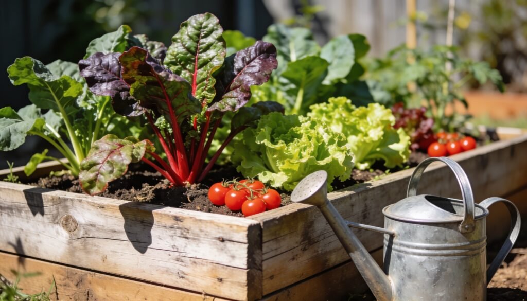 Raised garden bed with silverbeet, lettuce and cherry tomatoes in an Australian backyard