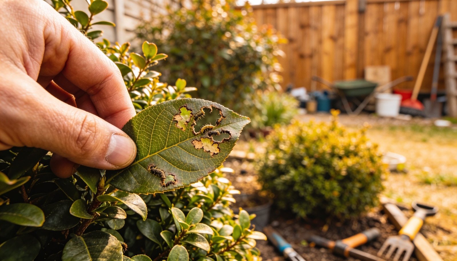 A gardener holding up a leaf showing chewing damage on a backyard shrub, illustrative garden scene.