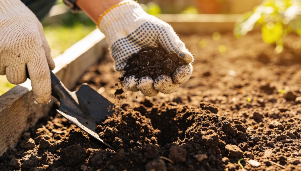 Gardener's gloved hands turning over dark garden soil with a trowel in a vegetable bed