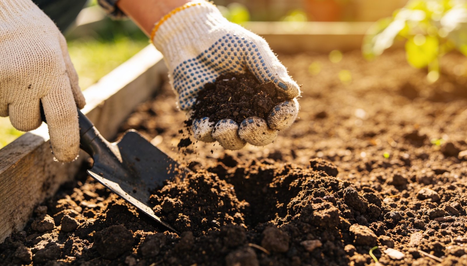 Gardener's gloved hands turning over dark garden soil with a trowel in a vegetable bed