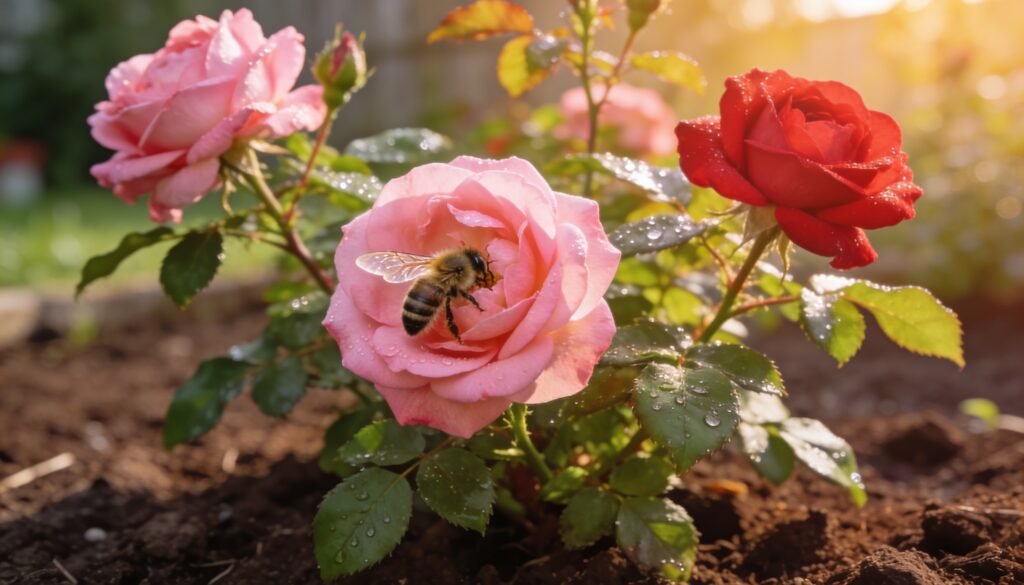 Bee foraging on an open rose bloom in a backyard garden bed