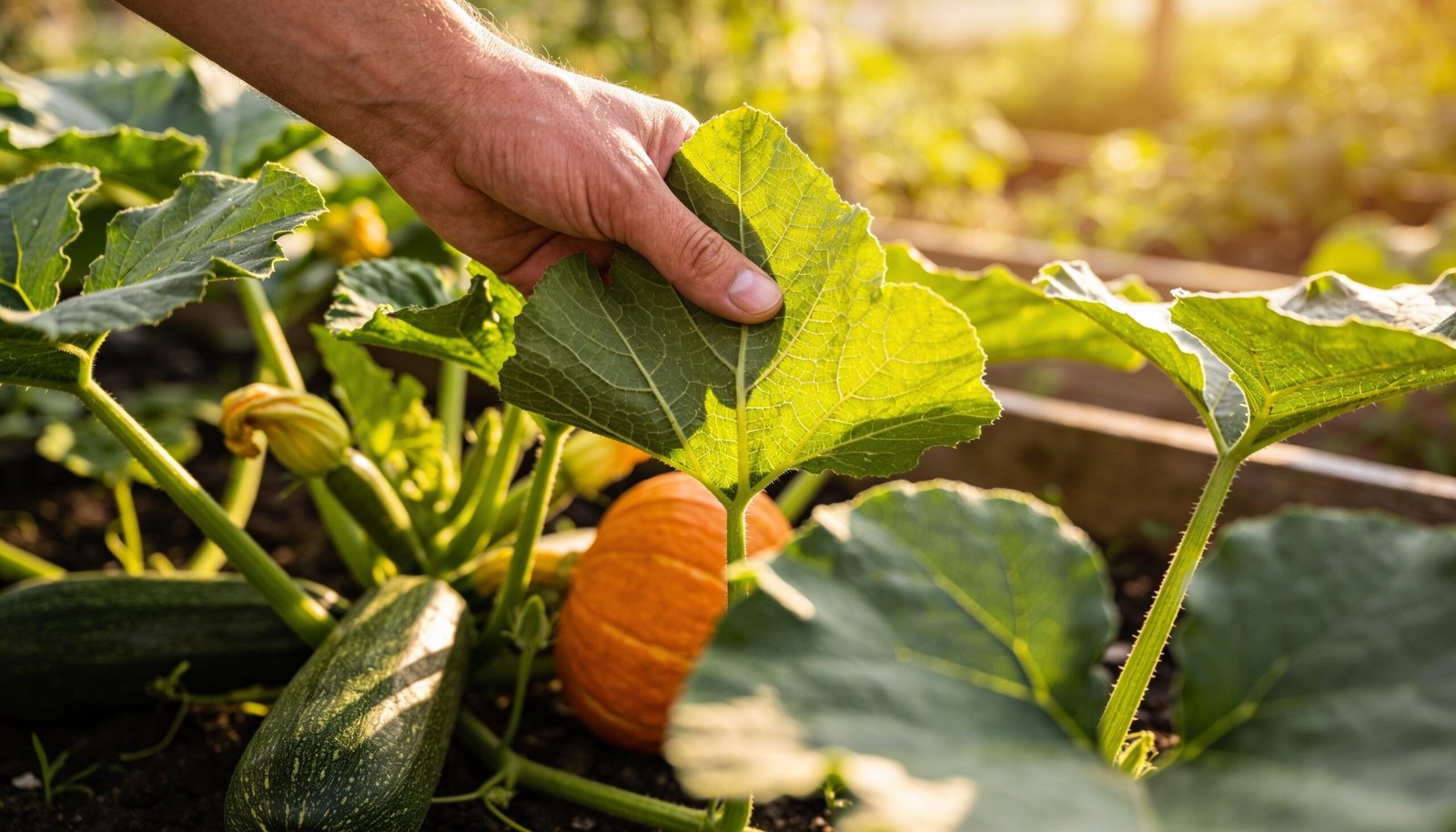 Backyard vegetable bed with zucchini and pumpkin foliage being checked by hand