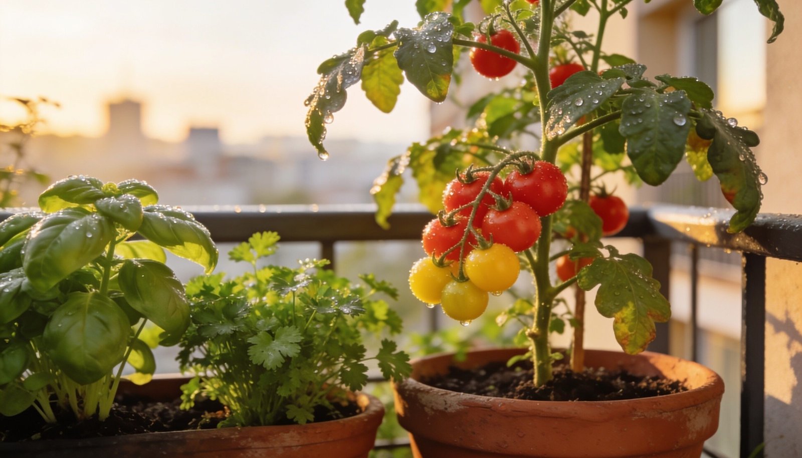 Potted basil, coriander and cherry tomatoes on a sunny apartment balcony with a soft city skyline behind.