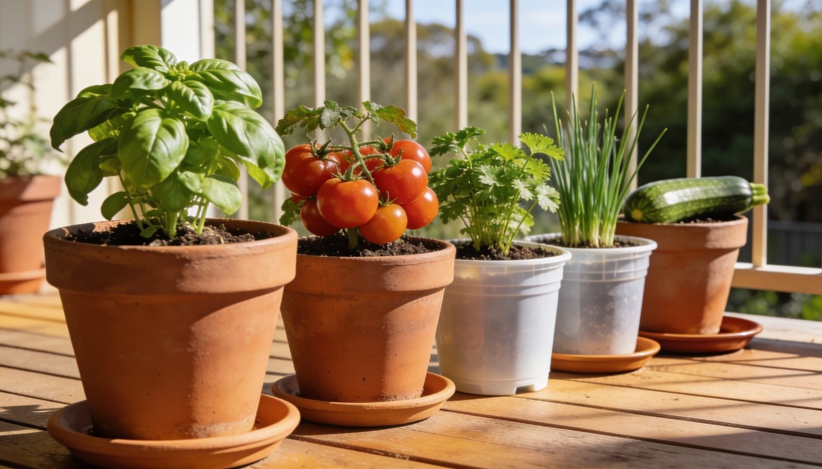 A line-up of pots growing basil, cherry tomatoes, coriander, chives and zucchini on a sunny balcony.