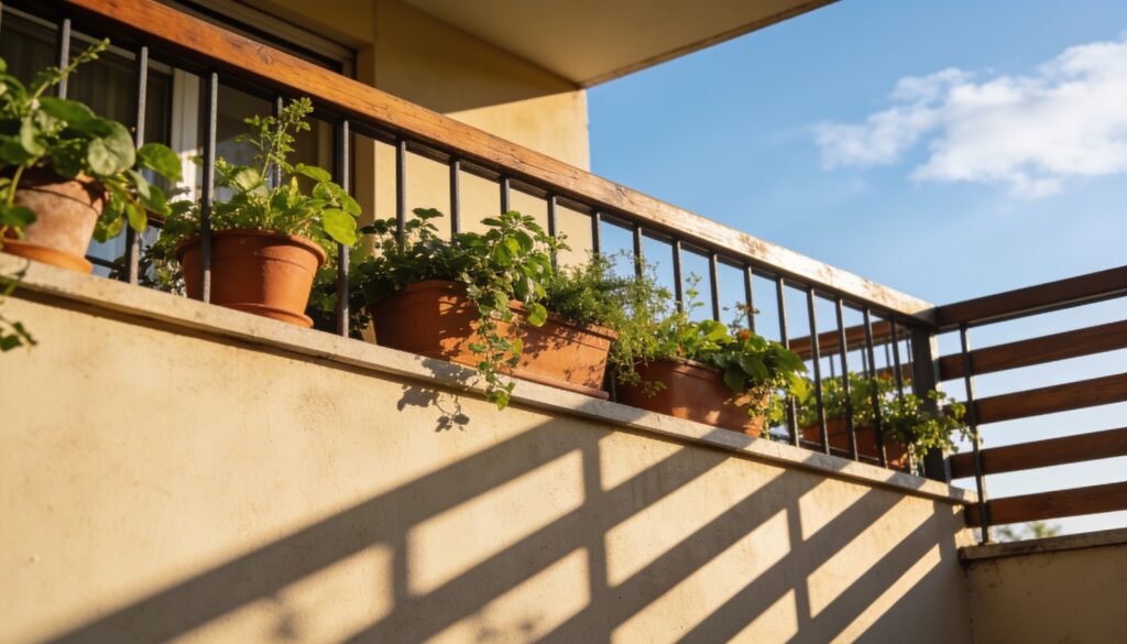 Potted plants on a sunlit balcony railing with strong directional shadows and blue sky.