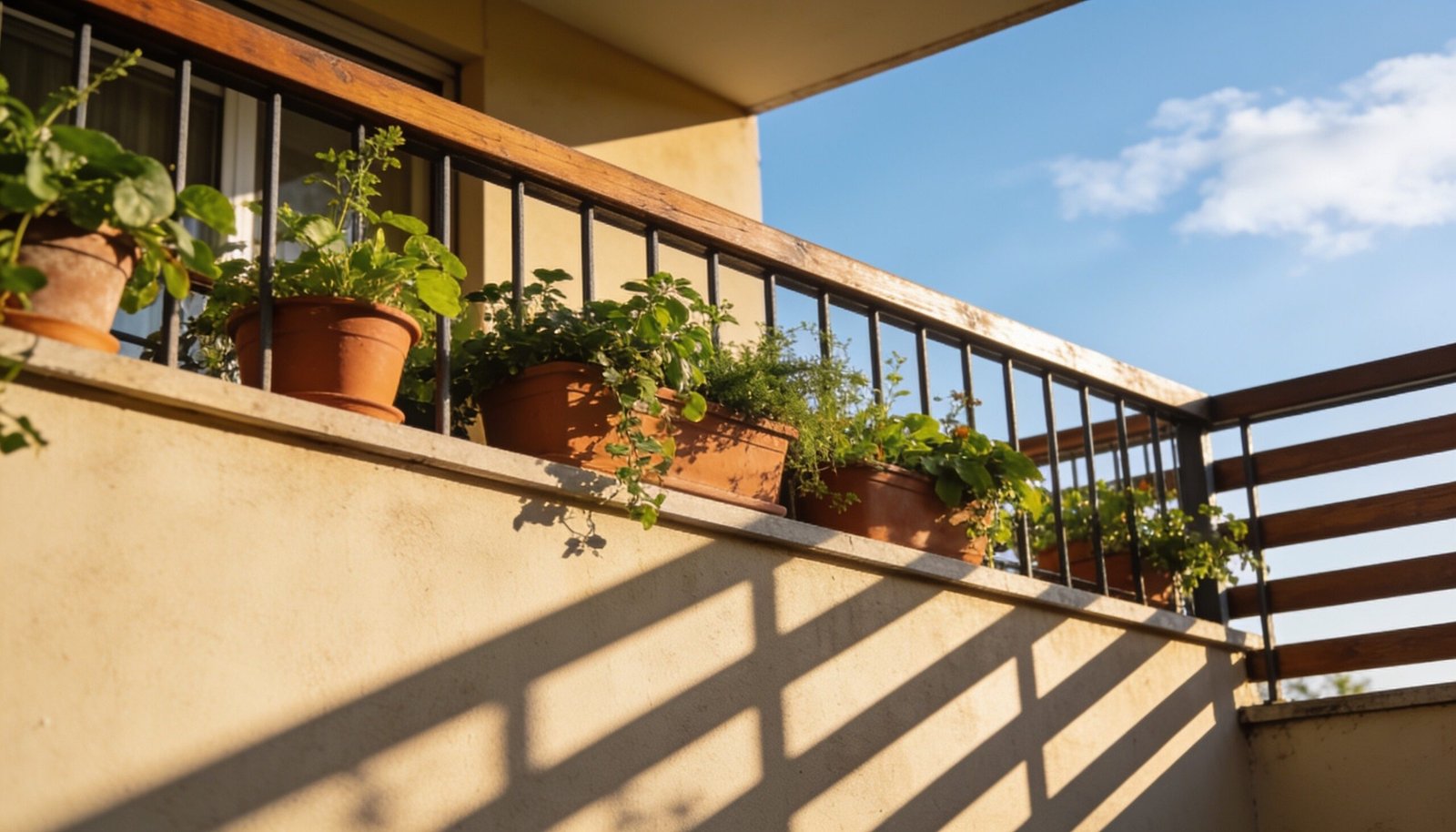 Potted plants on a sunlit balcony railing with strong directional shadows and blue sky.