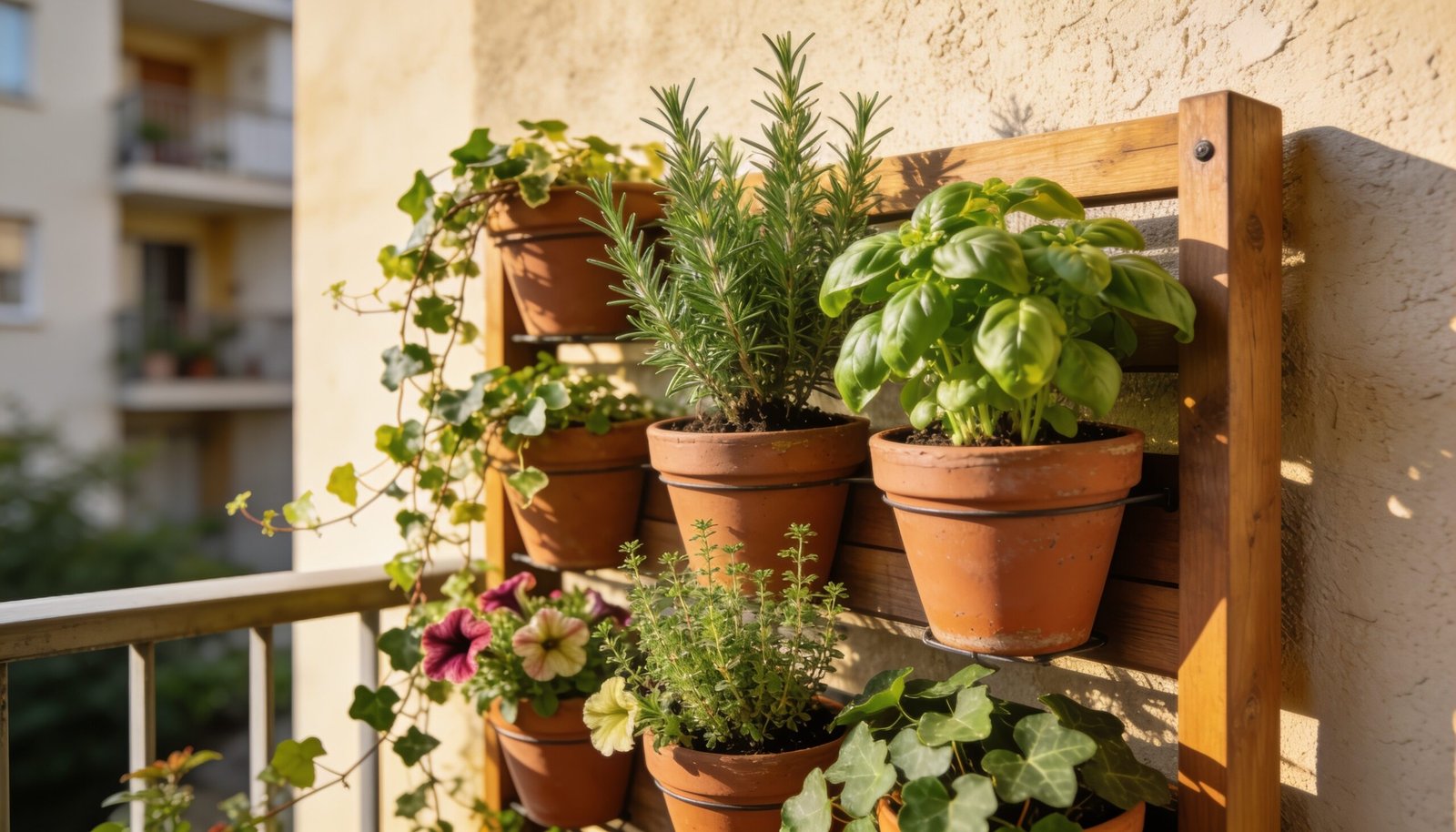Freestanding timber vertical garden frame with staggered pots against a balcony wall