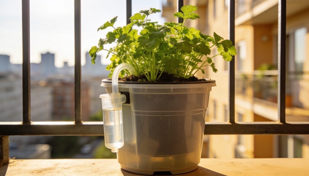 Self-watering planter pot with visible fill-tube on a sunny balcony railing