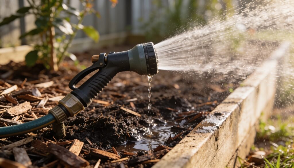 A hose-end watering wand spraying water onto the mulched base of a garden bed in early morning light.