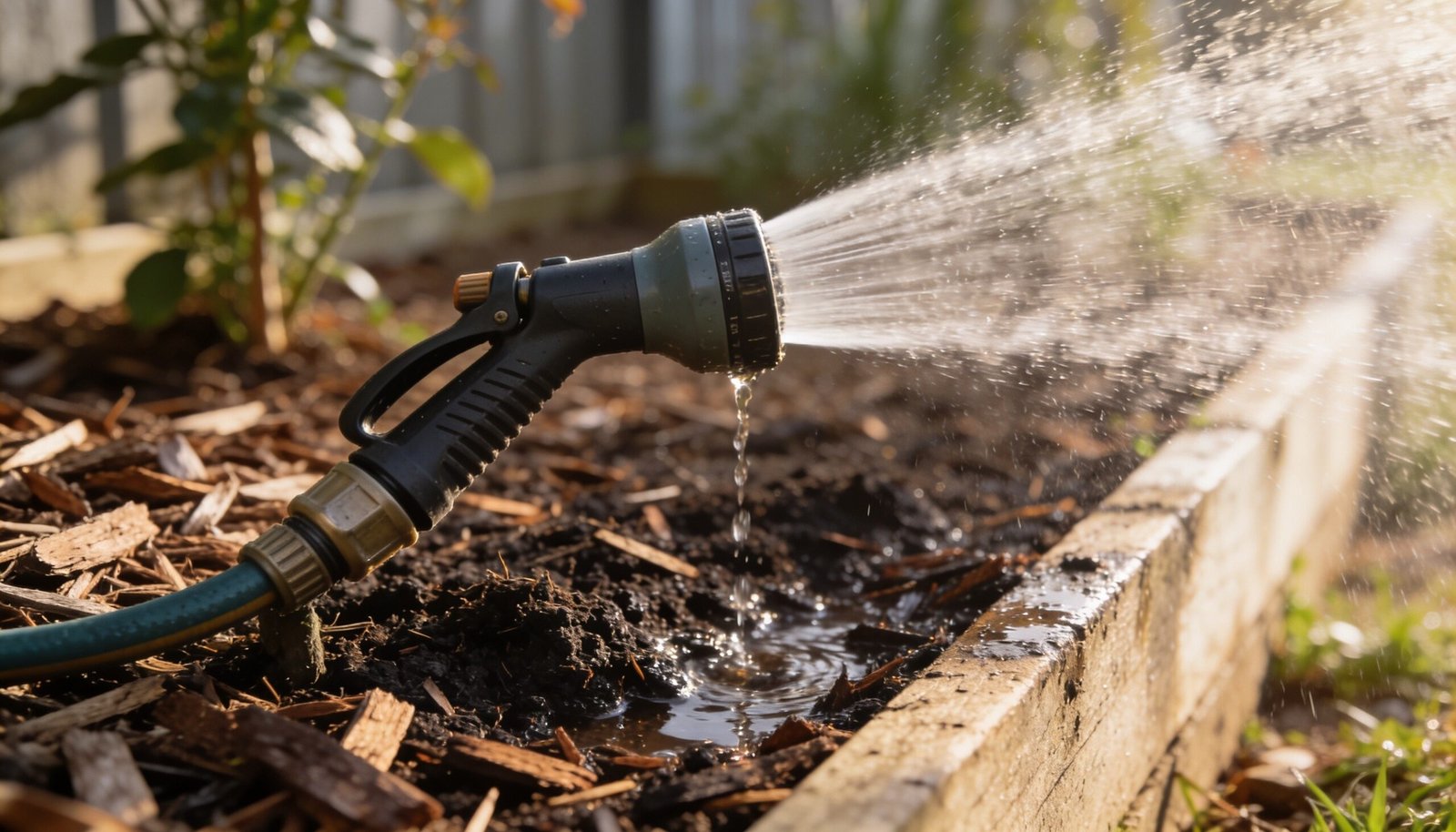 A hose-end watering wand spraying water onto the mulched base of a garden bed in early morning light.