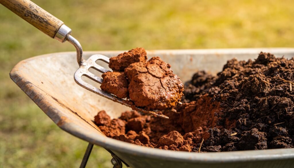 Garden fork lifting heavy clay soil clods beside a wheelbarrow of compost