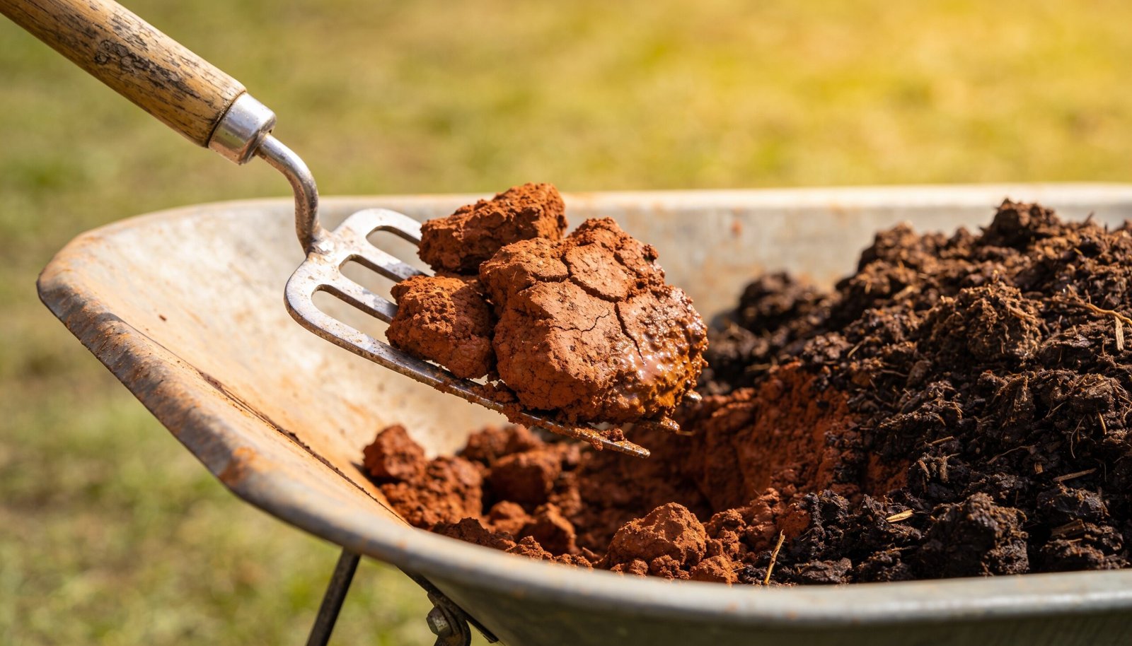 Garden fork lifting heavy clay soil clods beside a wheelbarrow of compost