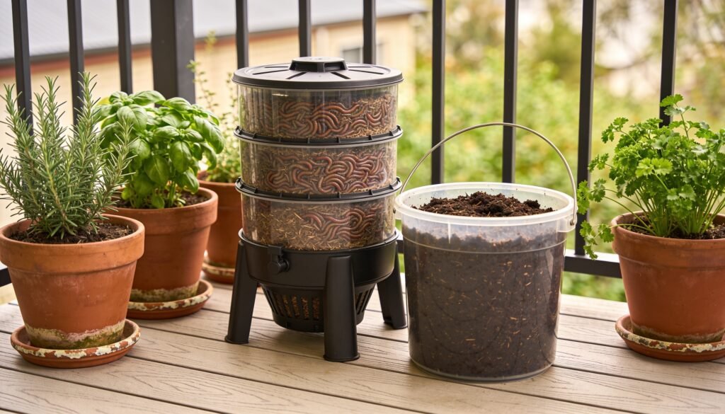 Balcony corner with a stacked worm farm tower and a bokashi compost bucket