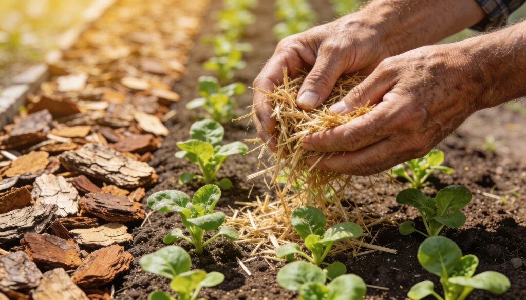 Hands spreading straw mulch around vegetable seedlings with a bark mulch path behind