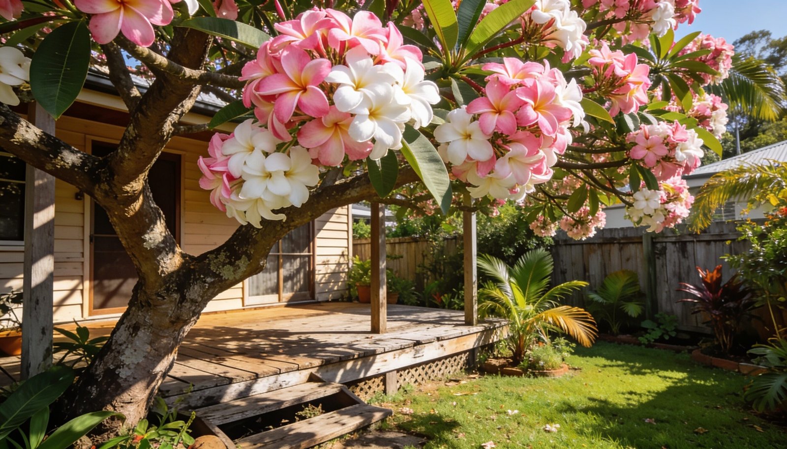 Mature frangipani tree in full flower over a Queensland backyard