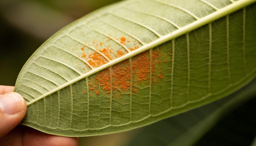 Underside of a frangipani leaf showing orange rust-like discolouration, illustrative only