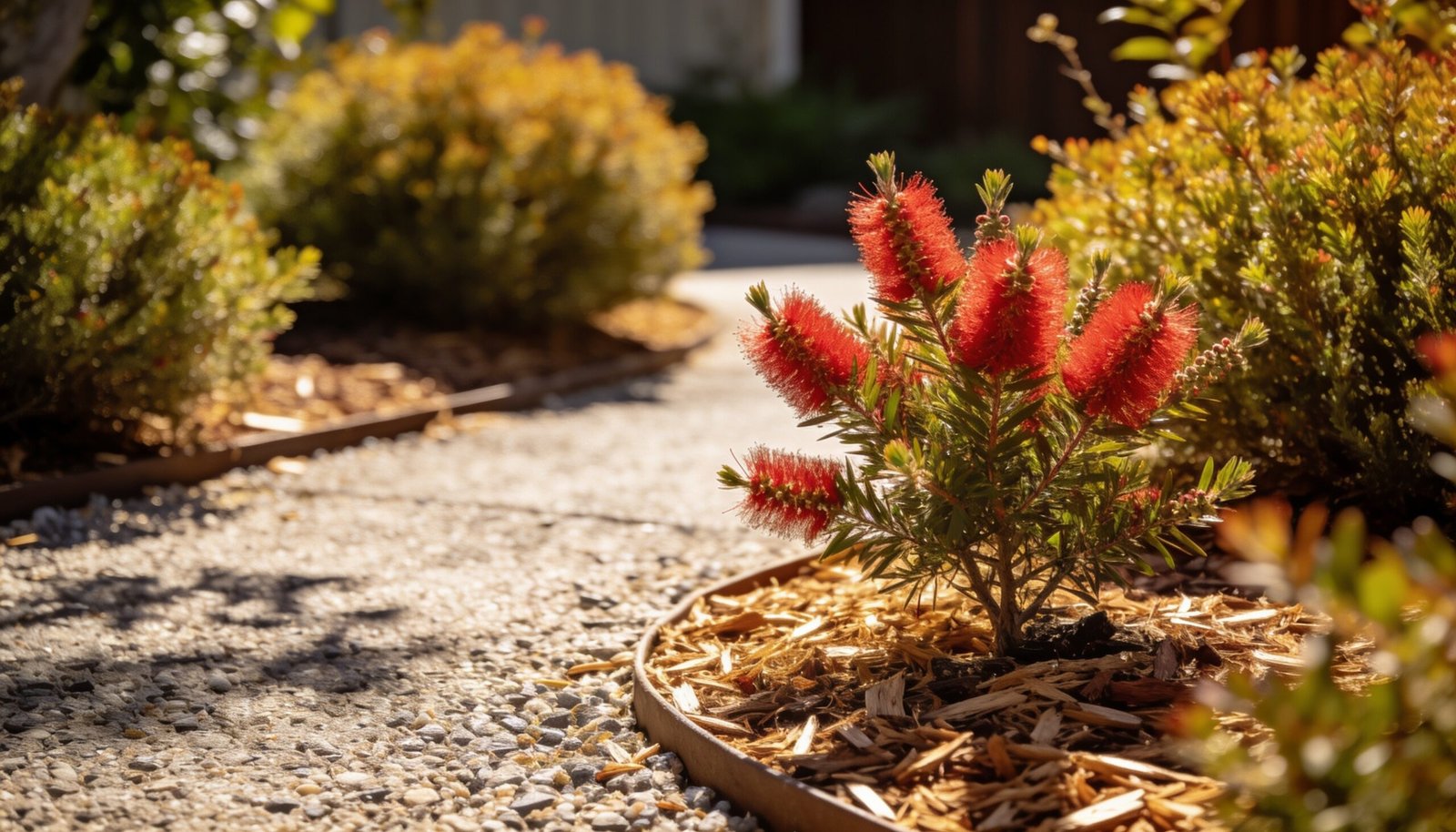 Photorealistic editorial 16:9 Australian suburban garden scene with compact native foliage clumps, a small red-flowering bottlebrush, mulched beds and a clear path, no readable tex