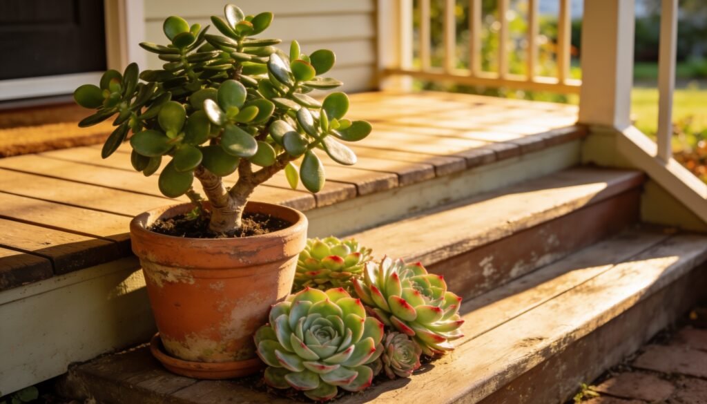 Photorealistic editorial 16:9 photograph of a mature jade plant in a terracotta pot beside rosette succulents on a sunny Queensland verandah step, warm morning light, no readable t