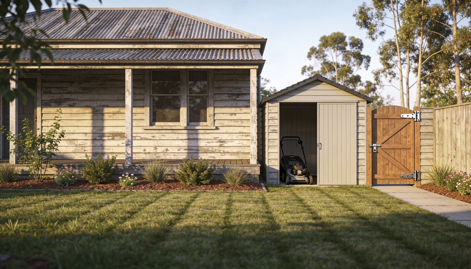 Photorealistic editorial 16:9 Australian suburban garden scene with a modest lawn, narrow side gate, garden beds and tidy mower storage space beside a Queensland timber house, no r
