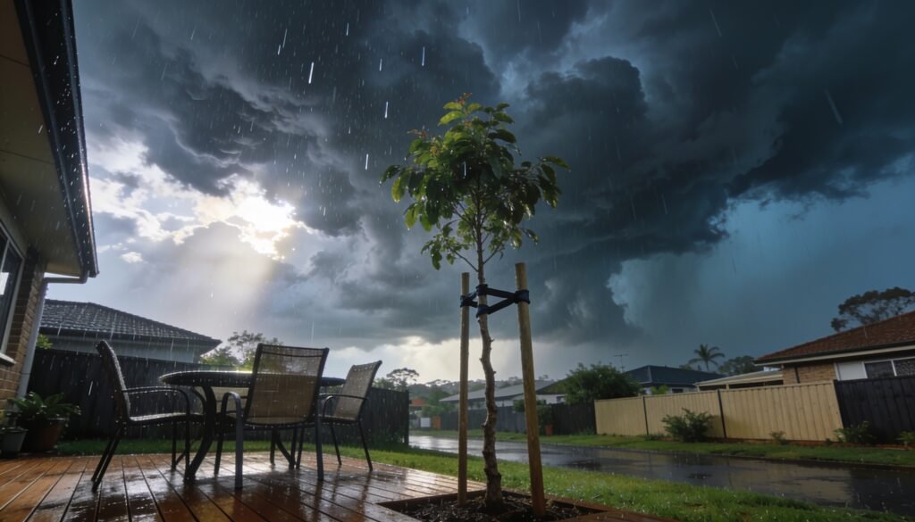 Dramatic storm front building over a tidy Queensland backyard with secured furniture