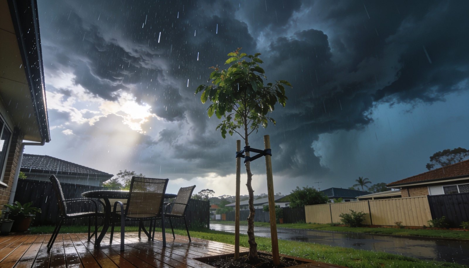 Dramatic storm front building over a tidy Queensland backyard with secured furniture