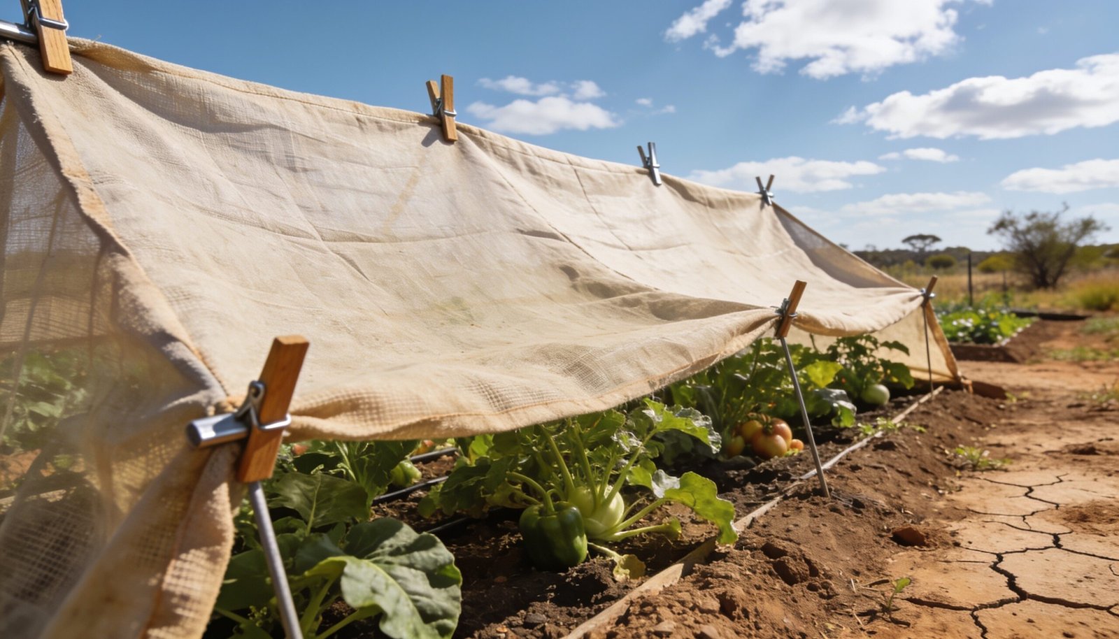 Shade cloth pegged over a vegetable garden bed in harsh midday heat