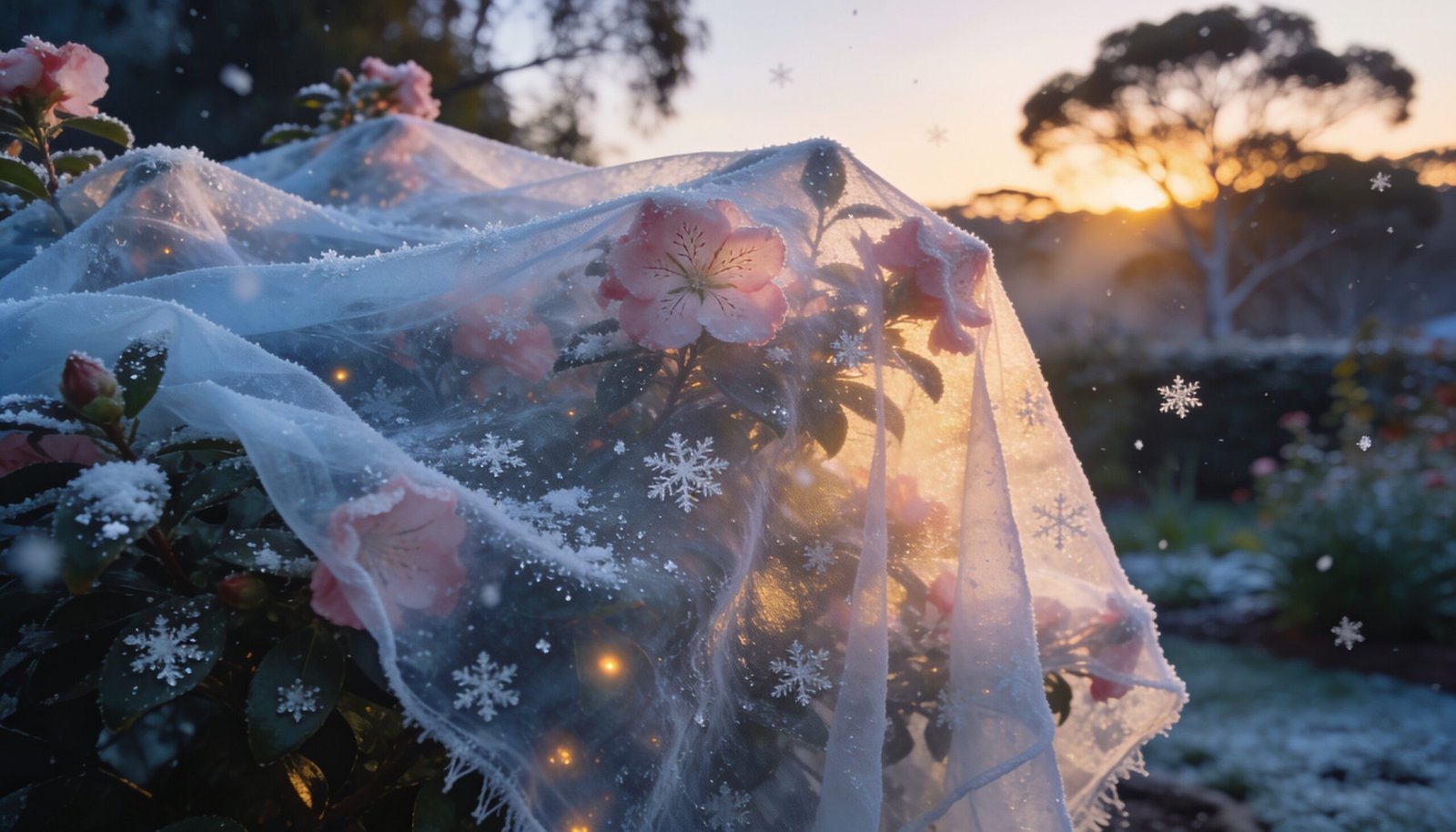 Photorealistic 16:9 scene of an Australian garden at dusk, with a frost cloth draped over a flowering shrub, snowflakes lightly settling on leaves.