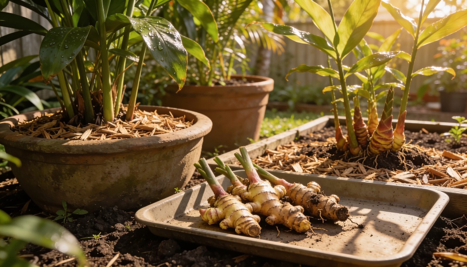 Photorealistic editorial 16:9 Australian subtropical backyard scene with ginger and turmeric growing in separate mulched beds beside broad pots, freshly lifted rhizomes on a plain
