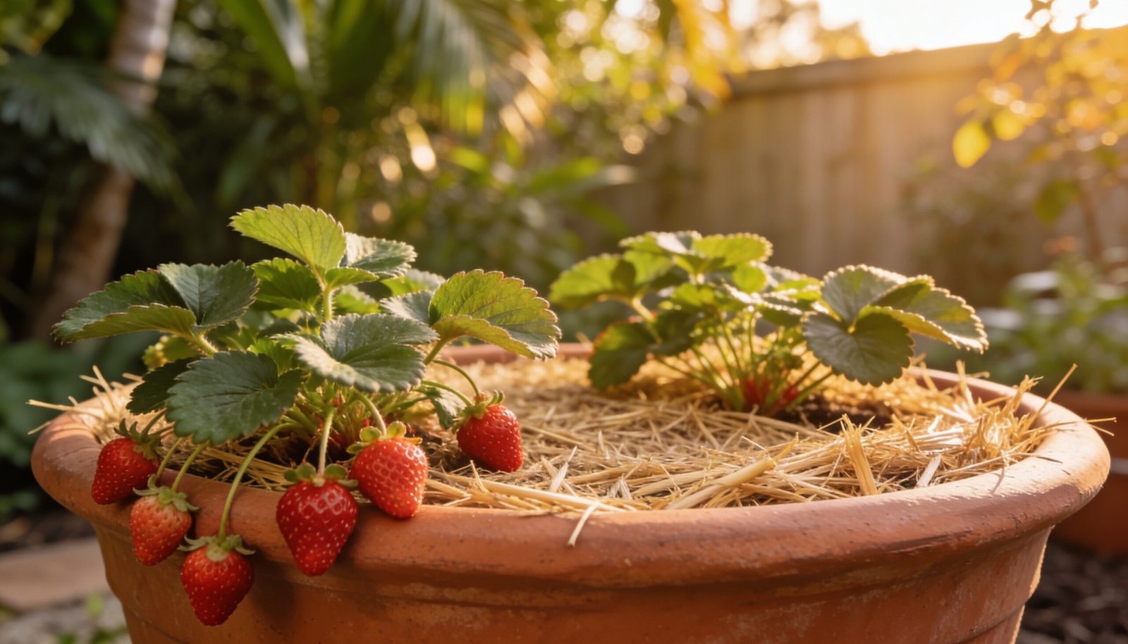Photorealistic editorial 16:9 Australian subtropical courtyard garden in gentle winter sunlight, showing strawberry plants with ripe red fruit over the edge of a roomy terracotta p
