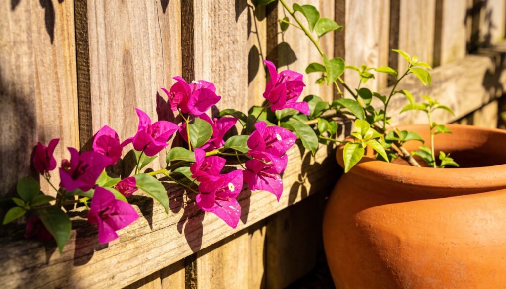 Photorealistic editorial 16:9 Australian courtyard garden scene with magenta bougainvillea bracts and healthy green shoots trained along a sunny timber fence beside a terracotta po