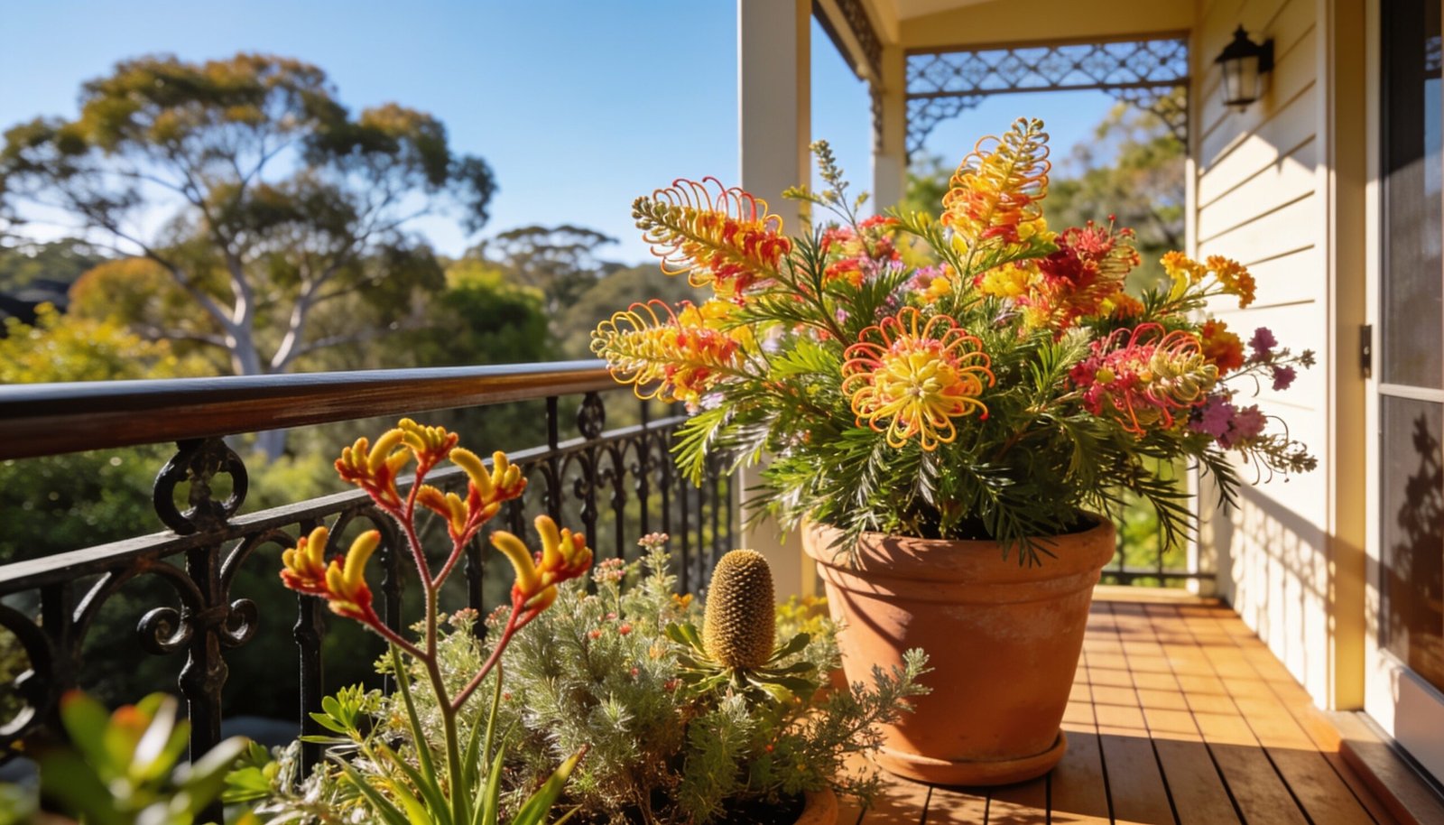 A photorealistic 16:9 scene of a sunny Australian balcony with a terracotta pot holding a thriving Grevillea, surrounded by other native shrubs.