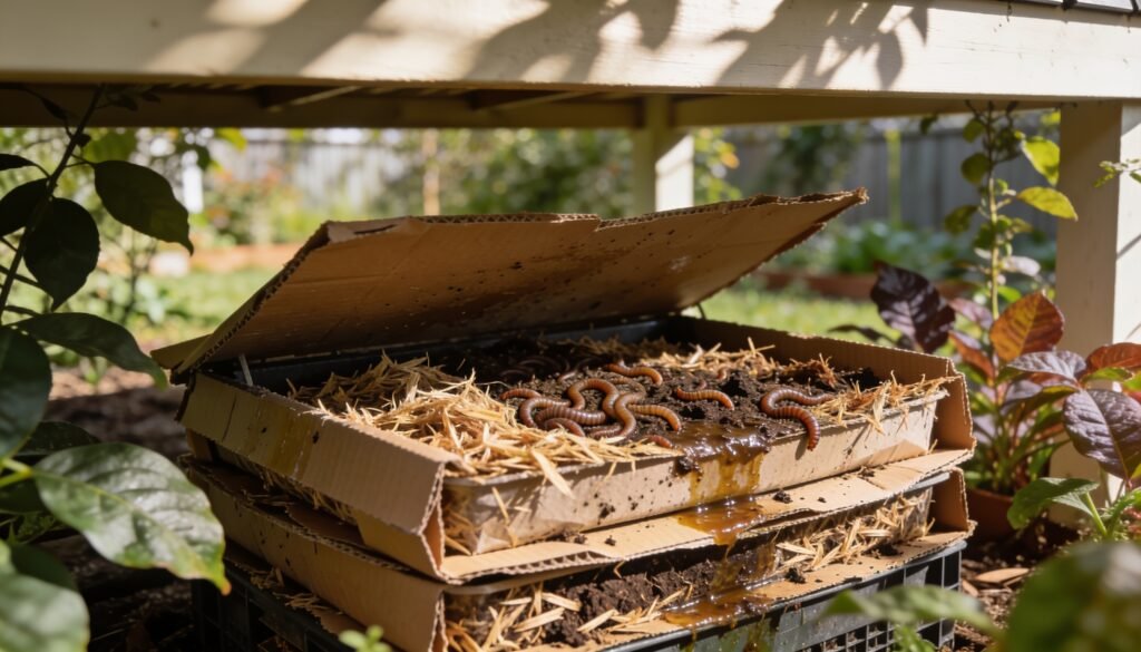 Photorealistic editorial 16:9 Australian garden scene showing an open stacked worm farm with moist shredded cardboard bedding beneath a shaded Queensland verandah, leafy garden sur