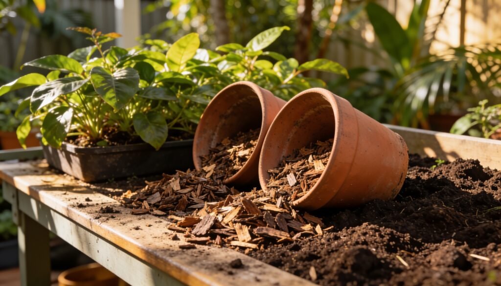 Photorealistic editorial 16:9 Australian subtropical garden courtyard scene with two open terracotta pots showing loose bark-based potting mix beside dense garden soil on a potting