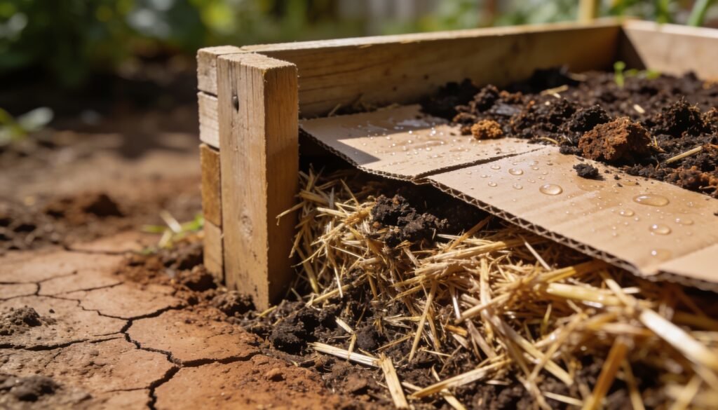 Photorealistic editorial 16:9 Australian suburban garden scene showing a small no-dig bed with removable timber edging, damp cardboard partly covered by compost and straw mulch bes