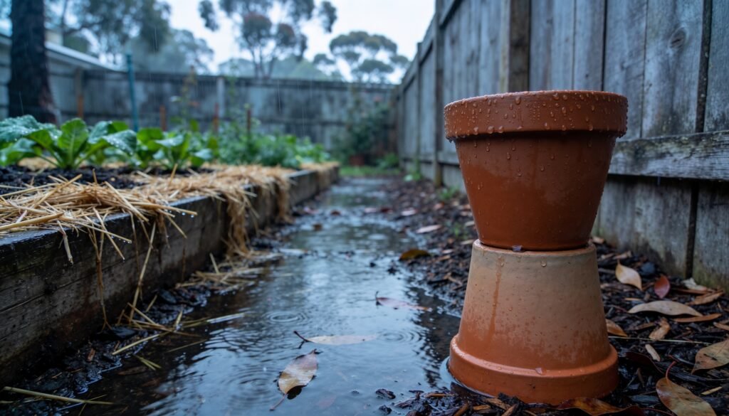 Photorealistic editorial 16:9 Australian suburban garden after rain, showing shallow puddles beside a mulched vegetable bed and terracotta pots raised on pot feet, soft overcast li