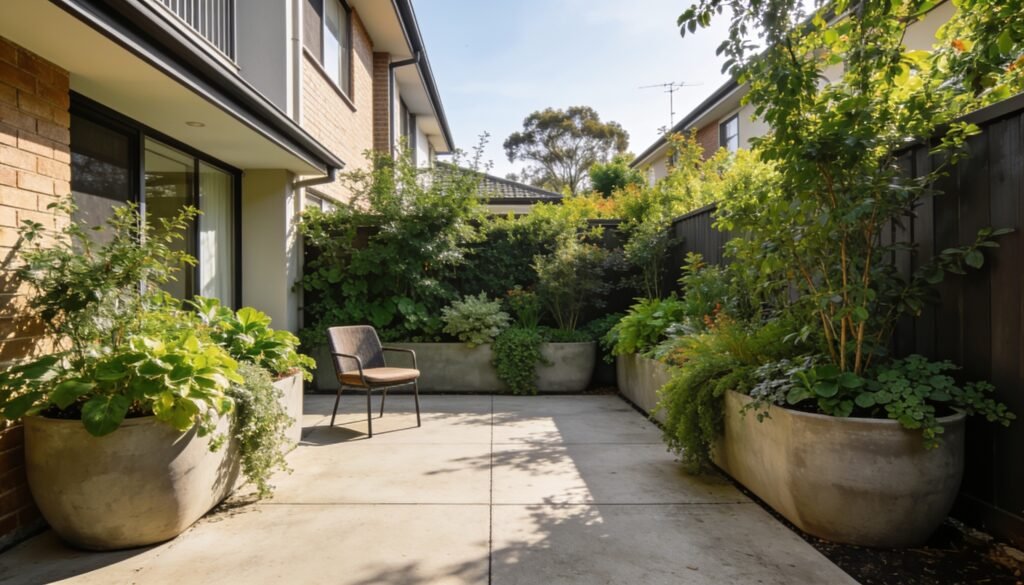 Photorealistic editorial 16:9 Australian townhouse courtyard garden on a concrete slab, grouped generous containers with layered green foliage, a compact chair and clear walking sp