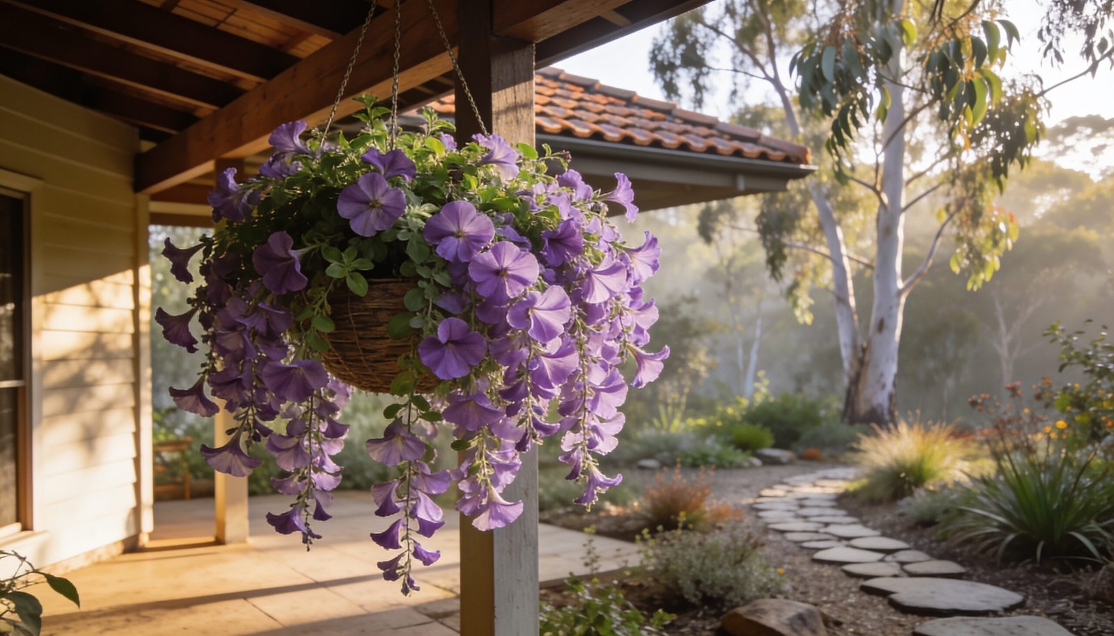 Photorealistic editorial 16:9 Australian courtyard garden scene showing a generous hanging basket of trailing purple fan flowers in gentle morning light beside a shaded verandah, w