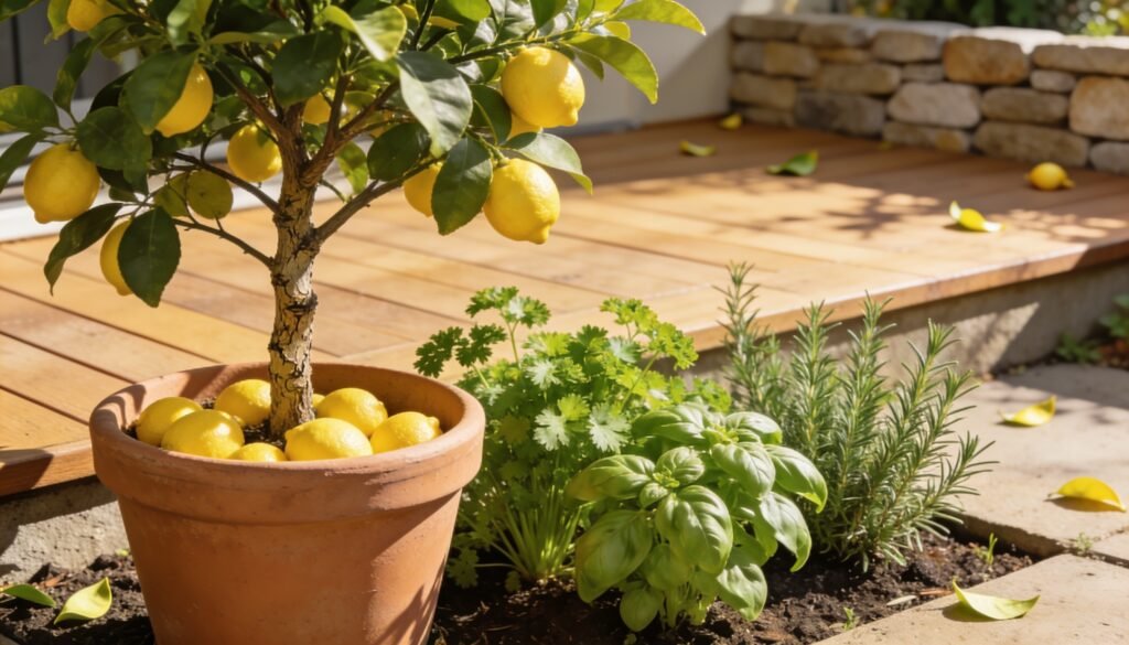 Photorealistic editorial 16:9 Australian courtyard garden scene showing a compact lemon tree with a modest scattering of fruit in a roomy plain pot beside herbs, natural daylight,