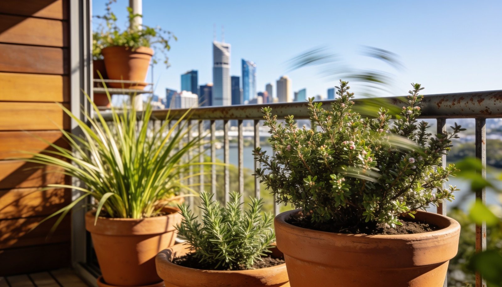 Photorealistic editorial 16:9 Australian balcony garden scene with compact westringia, strappy lomandra and low rosemary in broad pots set back inside the balcony, gently wind-swep