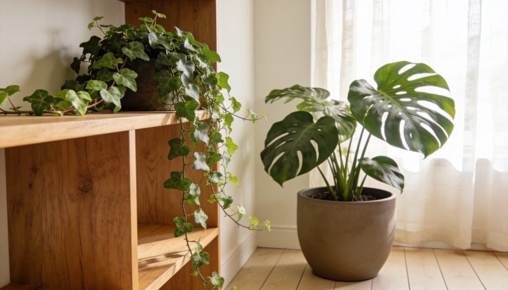 Bright living room corner with devil's ivy and monstera indoor plants
