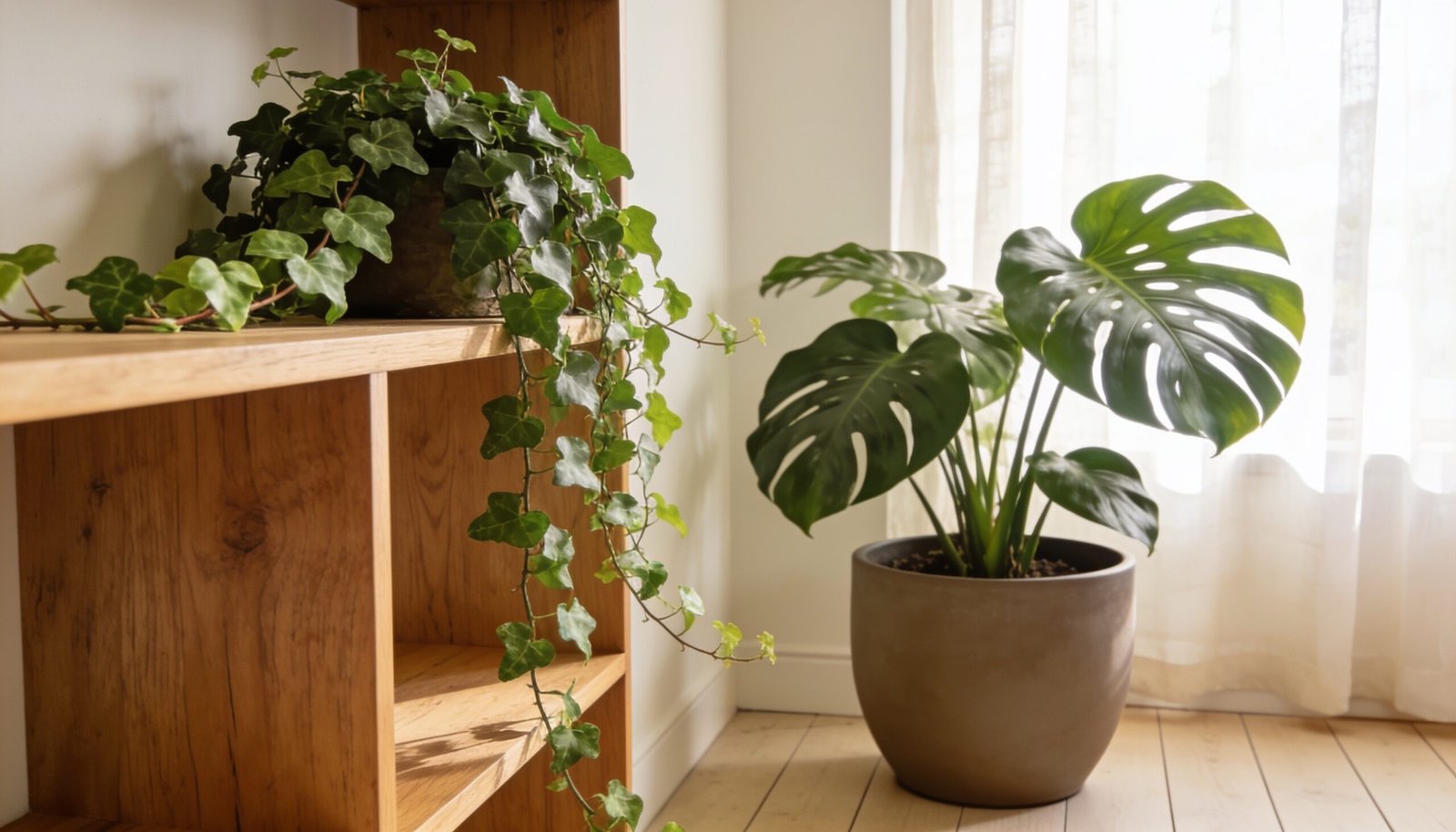 Bright living room corner with devil's ivy and monstera indoor plants